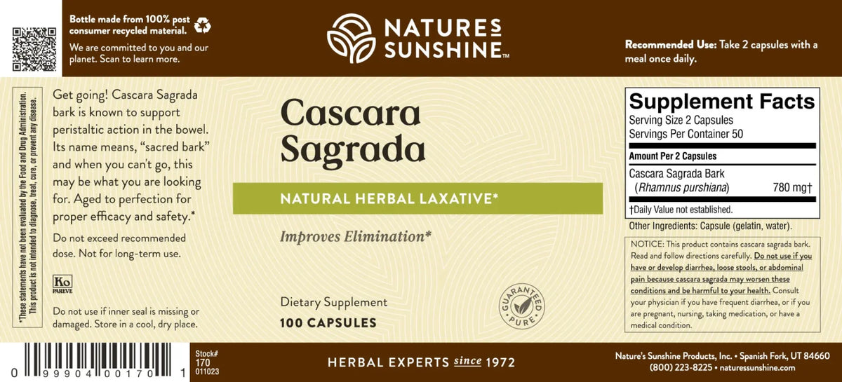 Front and back label of Nature's Sunshine Cascara Sagrada dietary supplement capsules, showing product name, supplement facts, usage, and barcode on a beige and brown background.