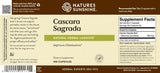 Front and back label of Nature's Sunshine Cascara Sagrada dietary supplement capsules, showing product name, supplement facts, usage, and barcode on a beige and brown background.