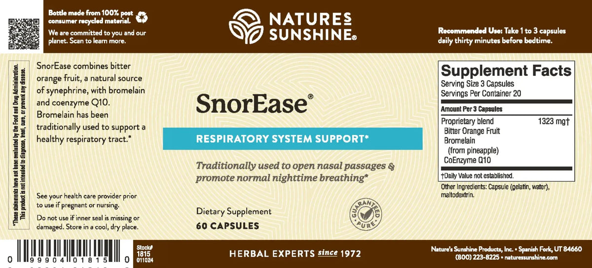 Front and back label of Natures Sunshine SnorEase Respiratory System Support dietary supplement, showing product name, usage, supplement facts, and barcode on a beige background.