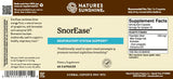 Front and back label of Natures Sunshine SnorEase Respiratory System Support dietary supplement, showing product name, usage, supplement facts, and barcode on a beige background.