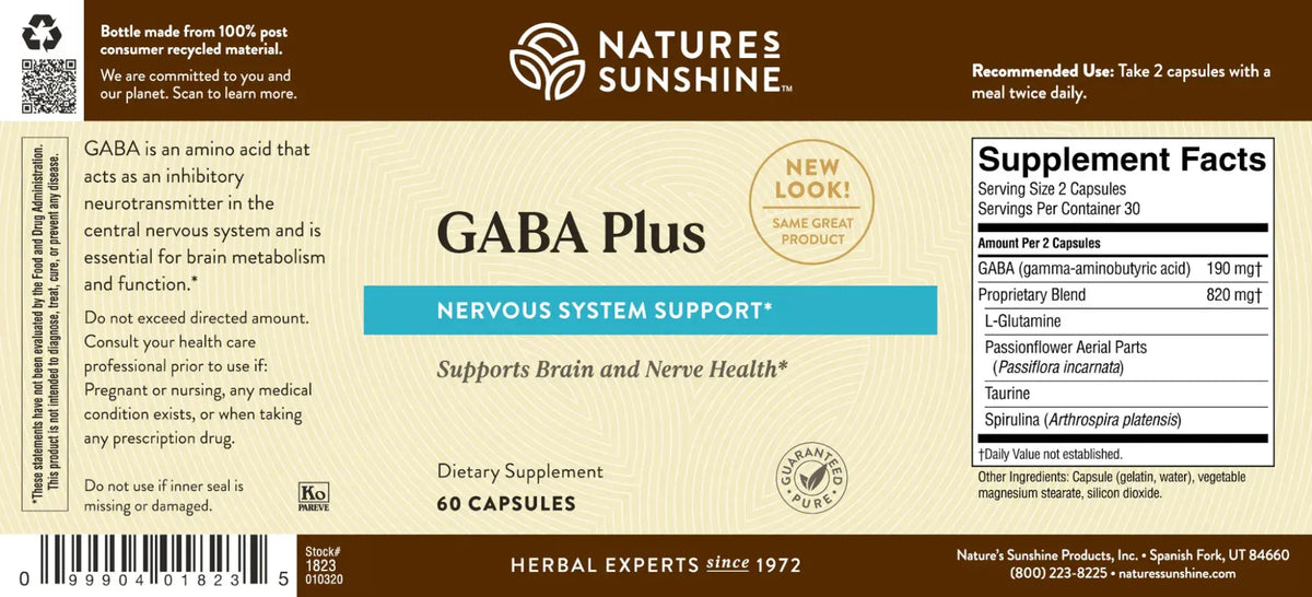 Natures Sunshine GABA Plus herbal dietary supplement bottle label, featuring a brown and beige design with product details, supplement facts, and a barcode.