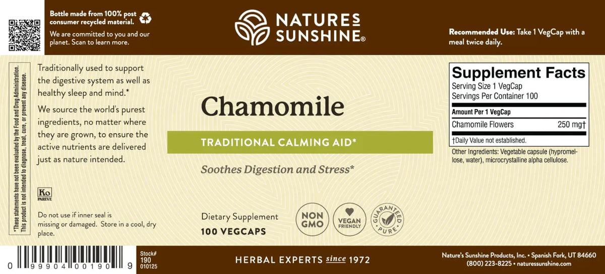 The back label of a Nature's Sunshine Chamomile Traditional Calming Aid dietary supplement, showing product details, usage instructions, and a supplement facts panel on a beige background.