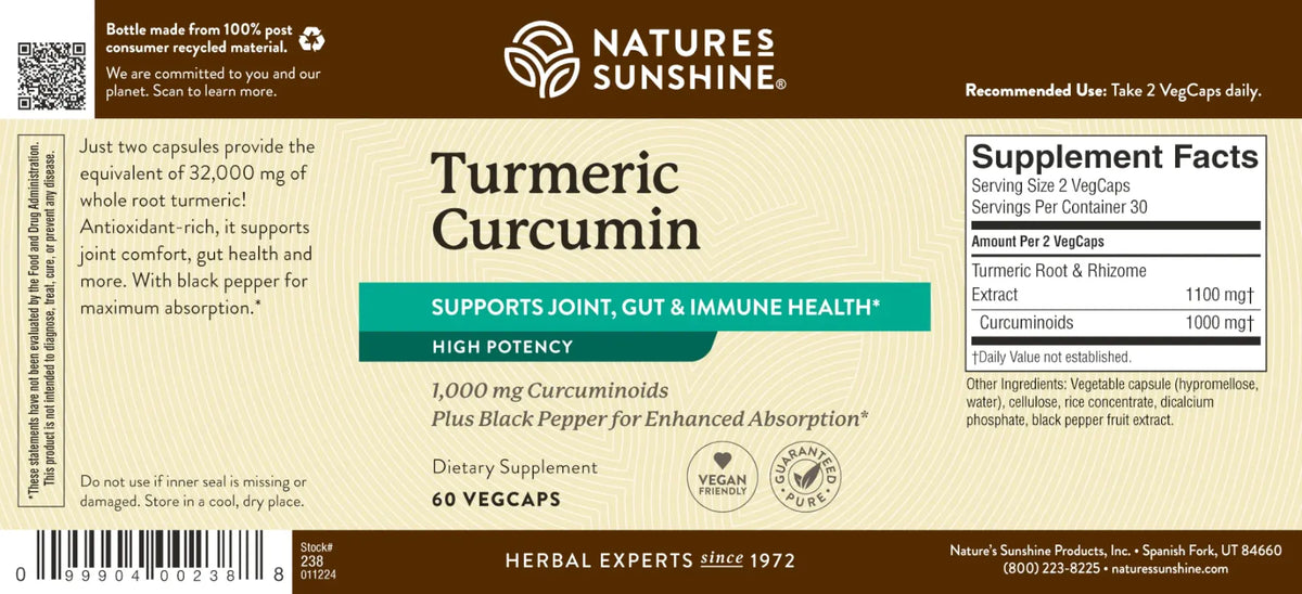 Nature's Sunshine Turmeric Curcumin dietary supplement bottle label, featuring a beige and brown design with white and teal text, highlighting joint, gut, and immune health support.