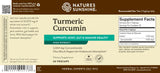 Nature's Sunshine Turmeric Curcumin dietary supplement bottle label, featuring a beige and brown design with white and teal text, highlighting joint, gut, and immune health support.