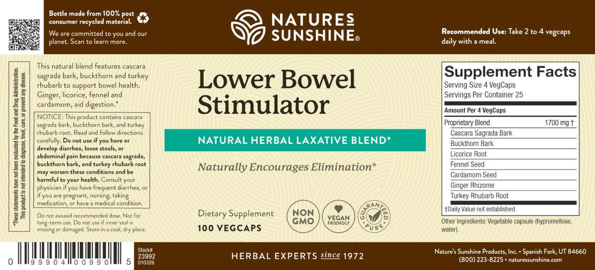 Front and back of a Nature's Sunshine Lower Bowel Stimulator dietary supplement package, showing the brown and beige label design with product name, ingredients, and supplement facts.