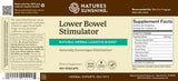 Front and back of a Nature's Sunshine Lower Bowel Stimulator dietary supplement package, showing the brown and beige label design with product name, ingredients, and supplement facts.