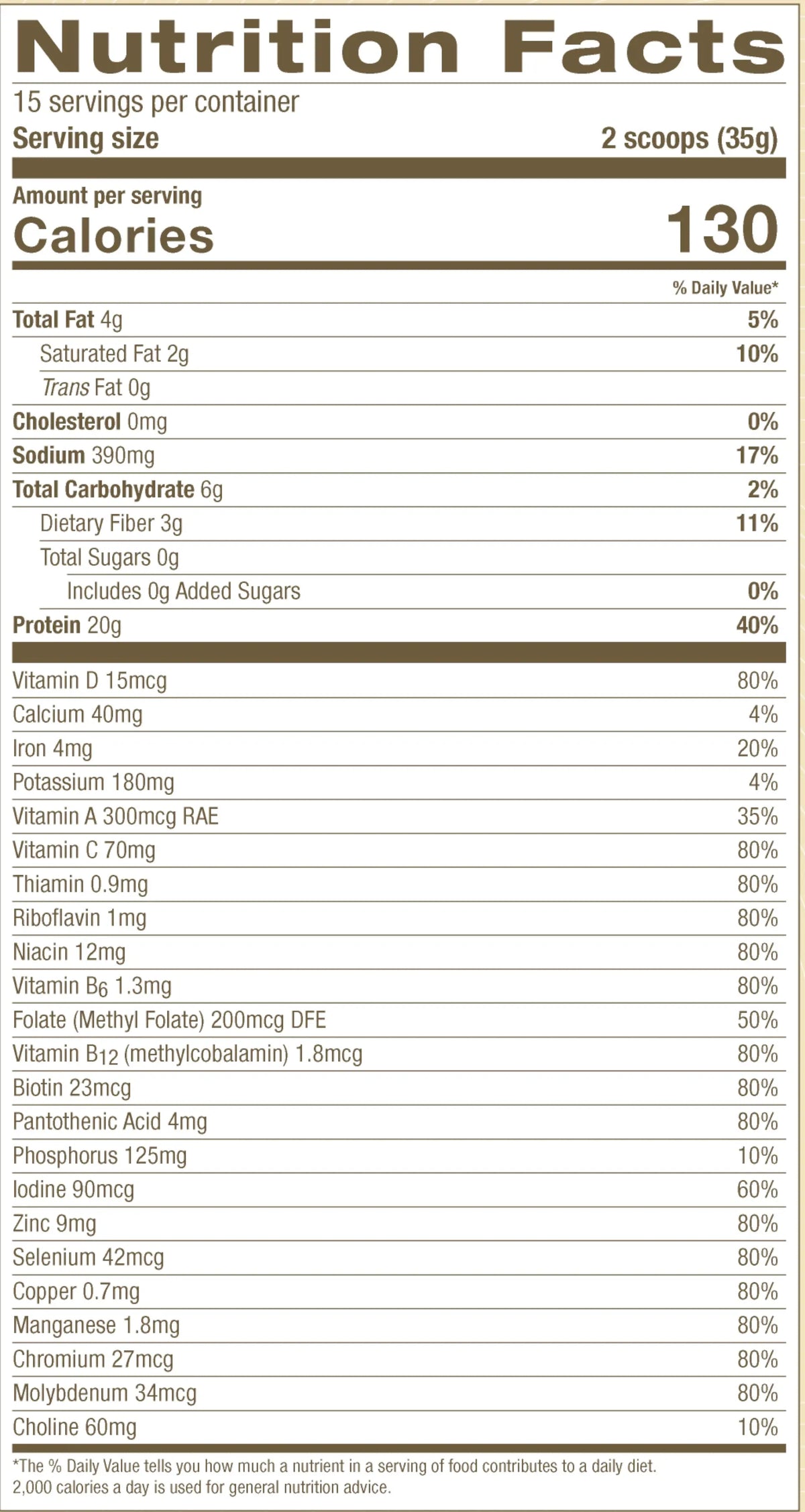 A Nutrition Facts label for a serving size of 2 scoops (35g), showing a detailed list of nutrients including calories, fat, protein, vitamins, and minerals on a white background.