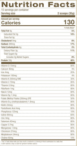 A Nutrition Facts label for a serving size of 2 scoops (35g), showing a detailed list of nutrients including calories, fat, protein, vitamins, and minerals on a white background.