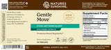 Natures Sunshine Gentle Move Stool Softener Blend dietary supplement label, featuring a beige and brown design with product details, ingredients, and a supplement facts panel.
