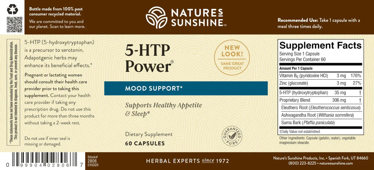 The back of a Natures Sunshine 5-HTP Power dietary supplement box, showing the supplement facts, ingredients, and barcode on a beige and brown background.