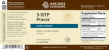 The back of a Natures Sunshine 5-HTP Power dietary supplement box, showing the supplement facts, ingredients, and barcode on a beige and brown background.