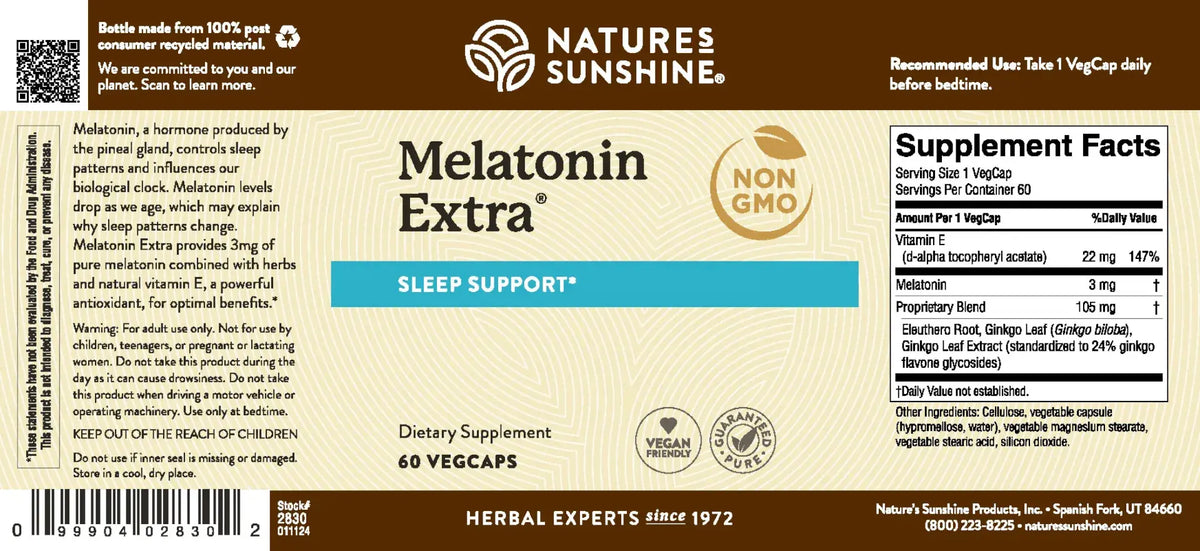Front and back of a Nature's Sunshine Melatonin Extra dietary supplement label, showing product details, supplement facts, and usage information on a brown and cream background.