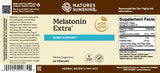 Front and back of a Nature's Sunshine Melatonin Extra dietary supplement label, showing product details, supplement facts, and usage information on a brown and cream background.