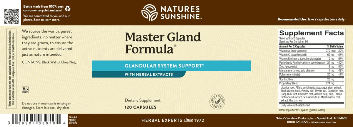 Natures Sunshine Master Gland Formula supplement label with text and branding.