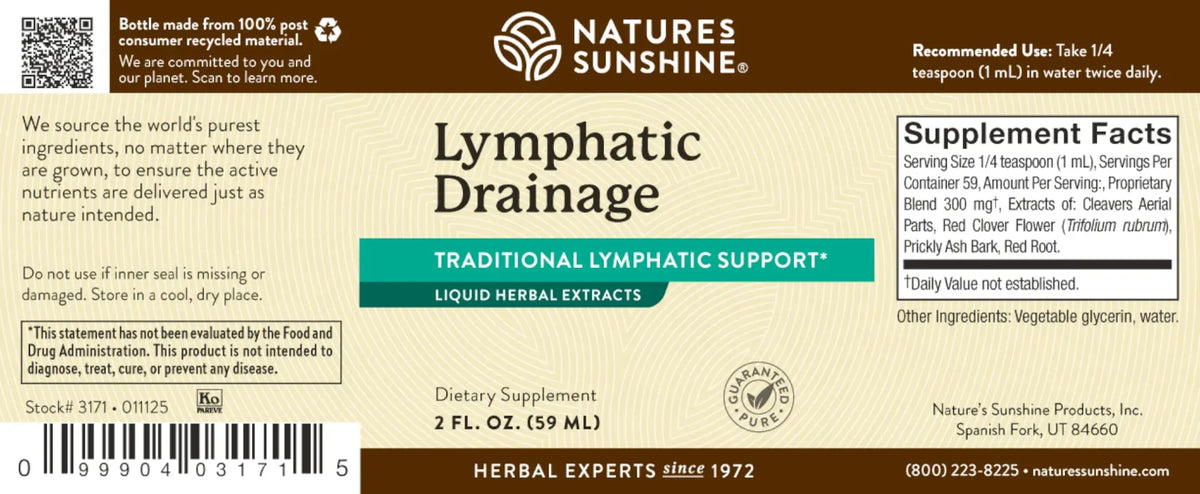 Nature's Sunshine Lymphatic Drainage supplement label with text and branding.