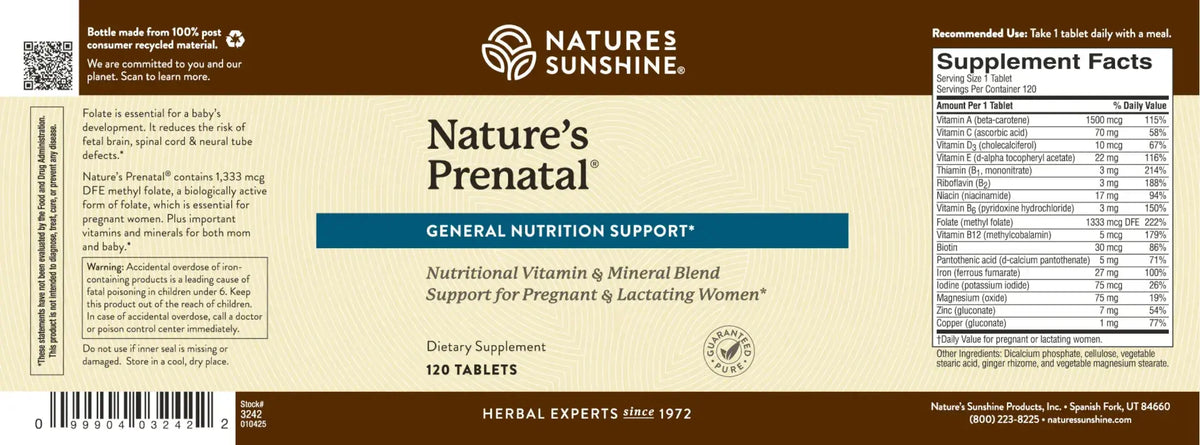Nature's Sunshine Nature's Prenatal dietary supplement package showing the front label with product name, supplement facts, and barcode on a brown and beige background.