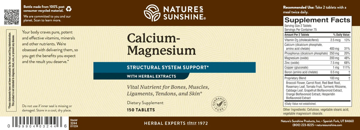 Natures Sunshine Calcium-Magnesium supplement label showing product details, supplement facts, and usage instructions on a brown background.