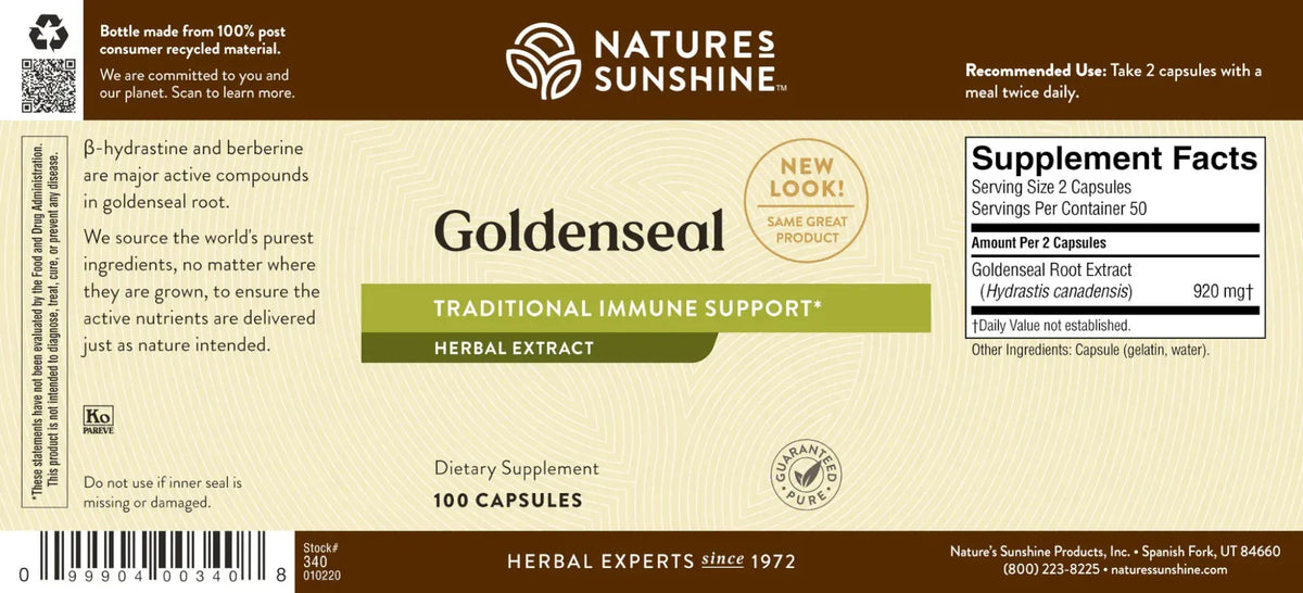 Front and back label of Nature's Sunshine Goldenseal Herbal Extract supplement capsules, showing product details, supplement facts, and barcode on a beige background.