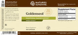 Front and back label of Nature's Sunshine Goldenseal Herbal Extract supplement capsules, showing product details, supplement facts, and barcode on a beige background.