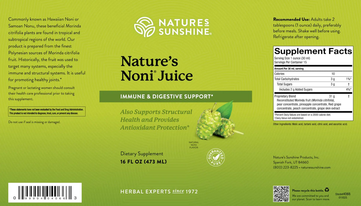 The back of a Nature's Sunshine 'Nature's Noni' dietary supplement box, featuring a light olive green background with black text, a supplement facts panel, a barcode, and a small photo of a green noni fruit.