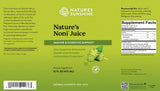 The back of a Nature's Sunshine 'Nature's Noni' dietary supplement box, featuring a light olive green background with black text, a supplement facts panel, a barcode, and a small photo of a green noni fruit.