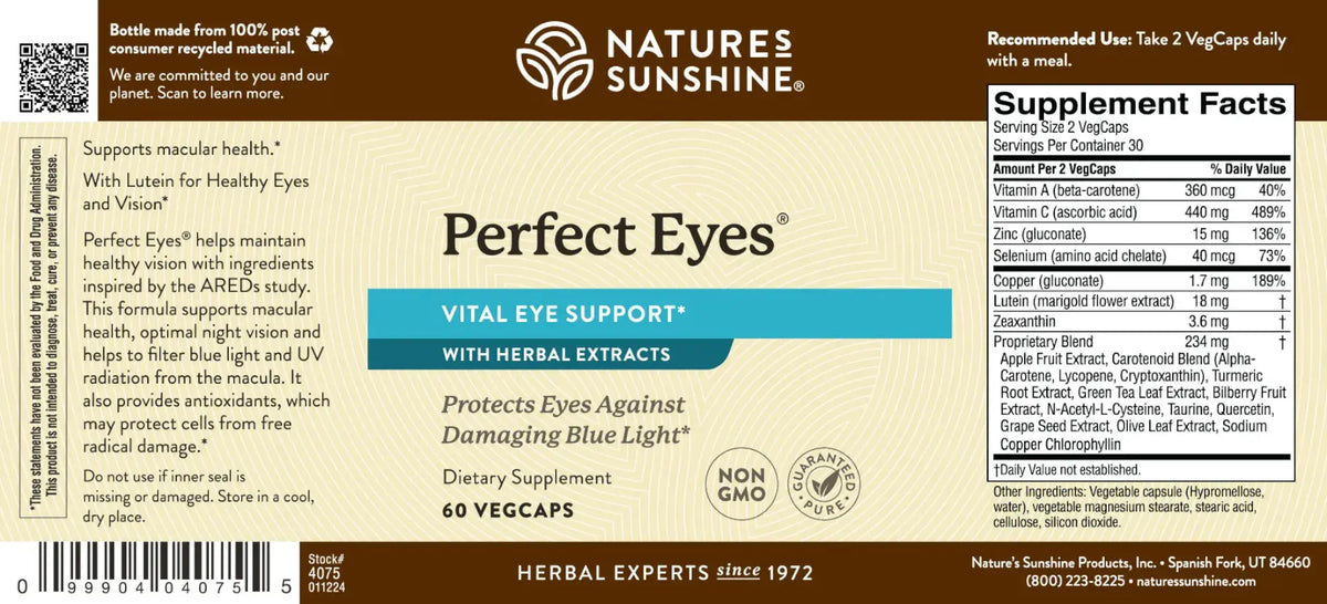 Front and back of a Nature's Sunshine Perfect Eyes VITAL Eye Support herbal supplement box, showing the product name, ingredients, and supplement facts panel.