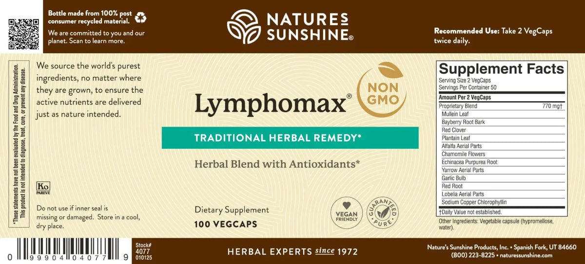 Natures Sunshine Lymphomax Traditional Herbal Remedy dietary supplement label showing product details, ingredients, and a nutrition facts panel on a brown background.