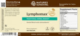 Natures Sunshine Lymphomax Traditional Herbal Remedy dietary supplement label showing product details, ingredients, and a nutrition facts panel on a brown background.