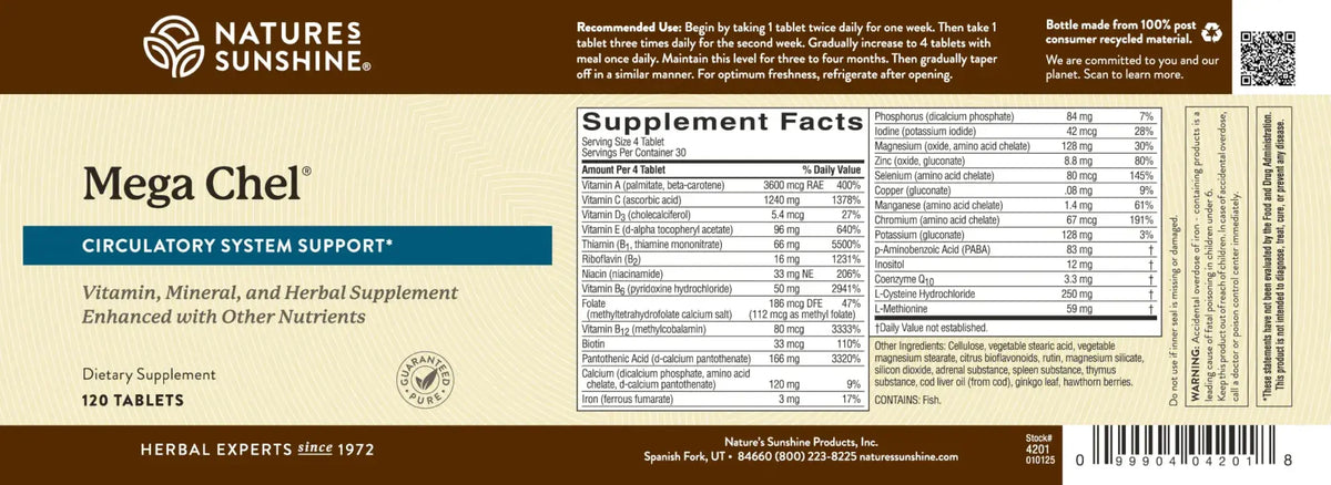 Natures Sunshine Mega Chel supplement bottle label showing the back side with product name, supplement facts, usage recommendations, and barcode on a beige and brown background.