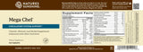 Natures Sunshine Mega Chel supplement bottle label showing the back side with product name, supplement facts, usage recommendations, and barcode on a beige and brown background.