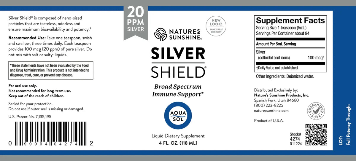 Silver Shield Liquid Dietary Supplement bottle label by Nature's Sunshine, featuring a dark blue background with white text, a silver shield logo, supplement facts, and a barcode.