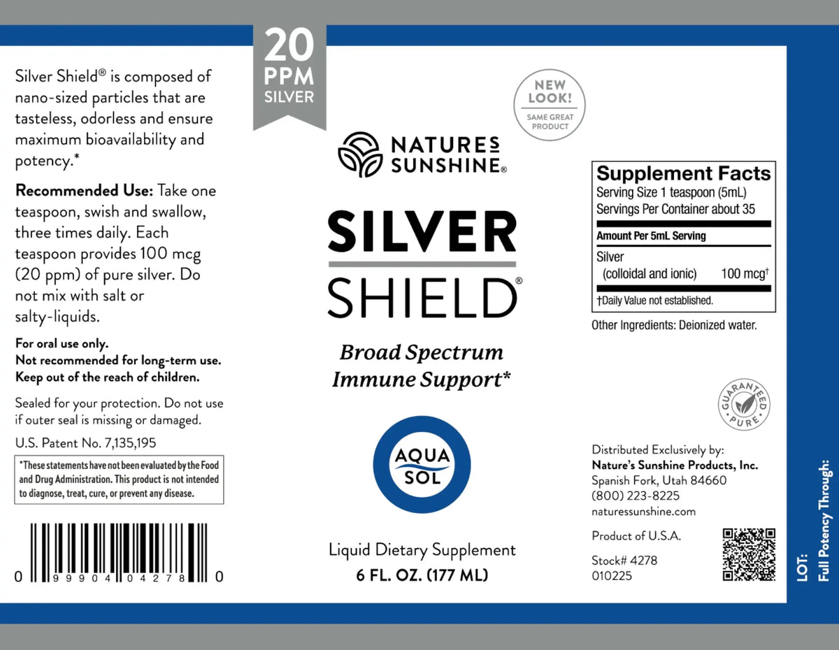 The back of a Nature's Sunshine Silver Shield liquid dietary supplement 6 fl. oz.