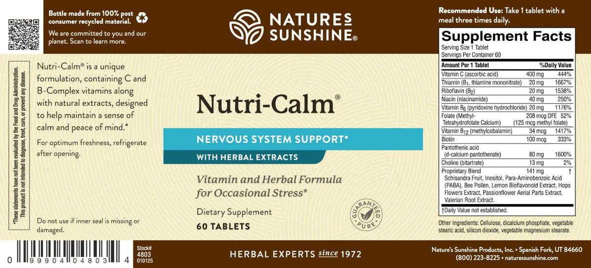 Natures Sunshine Nutri-Calm dietary supplement label showing product details, ingredients, and a supplement facts panel on a beige background with blue and white text.
