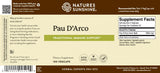 Front and back of a Nature's Sunshine Pau D'Arco dietary supplement box, showing the beige supplement facts panel, brown header, and product details including 100 VegCaps and Traditional Immune Support.