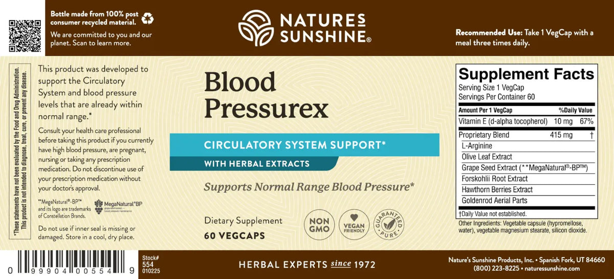 Natures Sunshine Blood Pressurex dietary supplement label, showing the back of the package with product name, supplement facts, ingredients, and barcode on a beige background.
