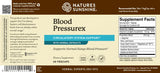 Natures Sunshine Blood Pressurex dietary supplement label, showing the back of the package with product name, supplement facts, ingredients, and barcode on a beige background.