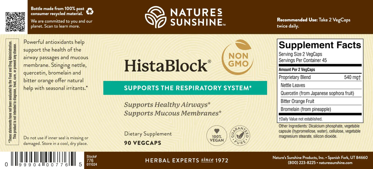 Natures Sunshine HistaBlock dietary supplement label showing Supplement Facts, ingredients, and usage information on a brown and beige background.