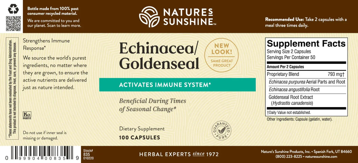 Front and back label of Nature's Sunshine Echinacea/Golden Seal herbal supplement, showing product name, supplement facts, barcode, and usage information on a beige background.