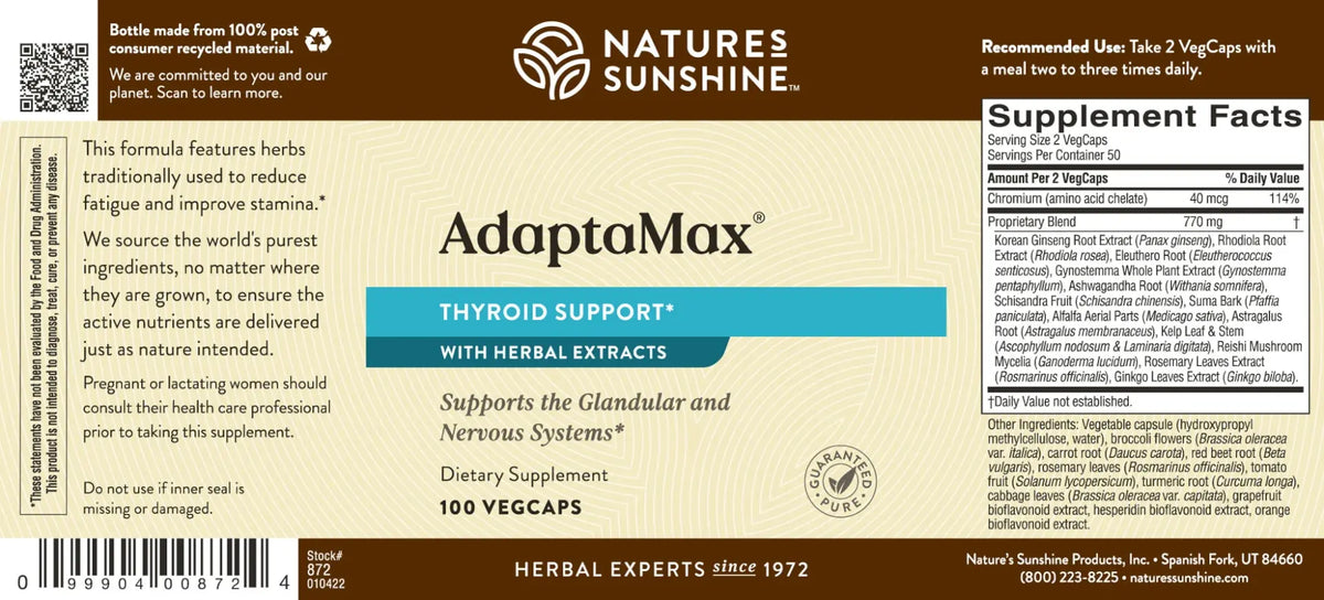 Front and back labels of Nature's Sunshine AdaptaMax Thyroid Support dietary supplement, showing product name, ingredients, usage, and supplement facts on a beige label with brown and teal accents.