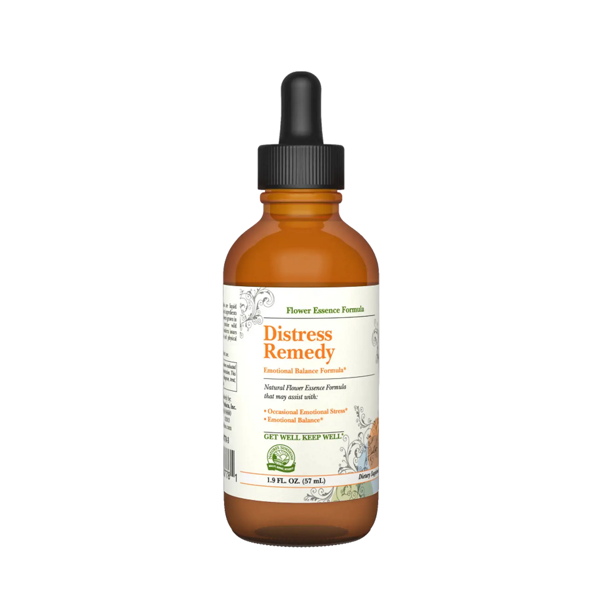 An amber glass dropper bottle of Distress Remedy Emotional Balance Formula with a black dropper cap and a white label, shown on a plain white background.