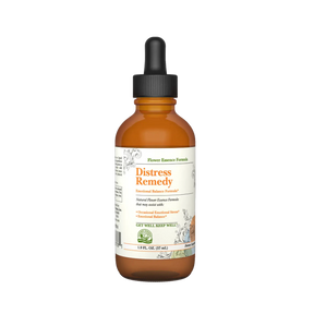 An amber glass dropper bottle of Distress Remedy Emotional Balance Formula with a black dropper cap and a white label, shown on a plain white background.