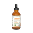 An amber glass dropper bottle of 'Open Heart' Flower Essence Formula on a solid white background.