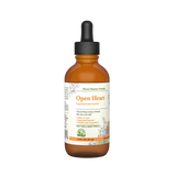 An amber glass dropper bottle of 'Open Heart' Flower Essence Formula on a solid white background.