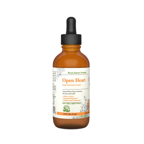 An amber glass dropper bottle of 'Open Heart' Flower Essence Formula on a solid white background.