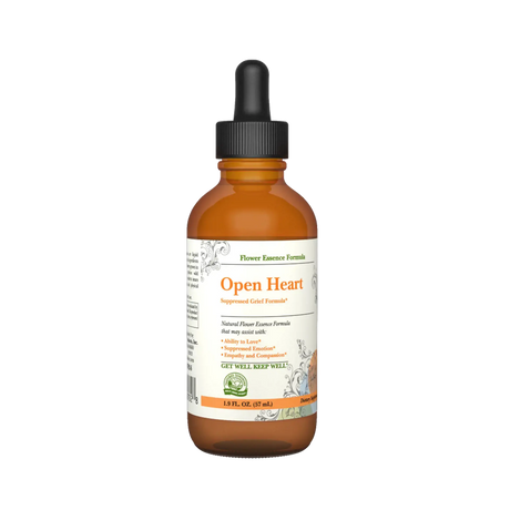 An amber glass dropper bottle of 'Open Heart' Flower Essence Formula on a solid white background.