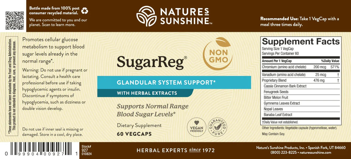 The back of a Nature's Sunshine SugarReg dietary supplement box, showing the supplement facts panel, ingredients list, and product details on a beige background.