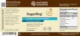 The back of a Nature's Sunshine SugarReg dietary supplement box, showing the supplement facts panel, ingredients list, and product details on a beige background.