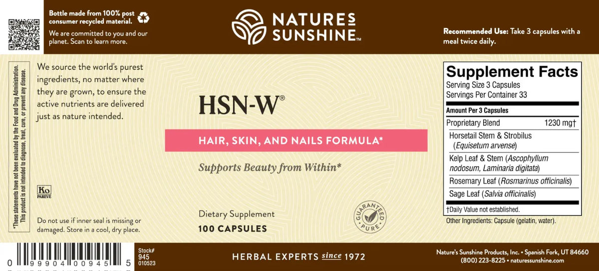 Front and back label of Nature's Sunshine HSN-W Hair, Skin, and Nails Formula dietary supplement, showing product details, supplement facts, and barcode on a beige background with pink and black text.