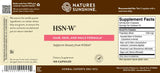 Front and back label of Nature's Sunshine HSN-W Hair, Skin, and Nails Formula dietary supplement, showing product details, supplement facts, and barcode on a beige background with pink and black text.