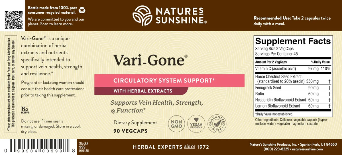 Nature's Sunshine Vari-Gone dietary supplement bottle label, featuring a beige background with a white logo, pink and red text, and a black supplement facts panel on the right.